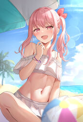 Rule 34 | 1other, :d, absurdres, akiyama mizuki, androgynous, ball, bangle, bare shoulders, beach umbrella, beachball, blush, bow, bracelet, crossed legs, day, flat chest, hair bow, hand up, highres, jewelry, lens flare, long hair, looking at viewer, loulis 0115, navel, off shoulder, open mouth, outdoors, pink eyes, pink hair, project sekai, side ponytail, sidelocks, sitting, smile, solo, stomach, swimsuit, umbrella