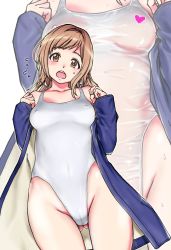 Rule 34 | 1girl, absurdres, blush, clothes pull, earrings, highres, idolmaster, idolmaster shiny colors, jacket, jacket over swimsuit, jewelry, long hair, nipples, one-piece swimsuit pull, open mouth, sakuragi mano, shiwasu no okina, swimsuit, swimsuit under clothes, transparent