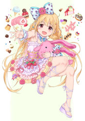 Rule 34 | 1girl, :d, armpits, bare shoulders, blonde hair, blush, bow, bracelet, braid, brown eyes, cake, candy, candy hair ornament, checkerboard cookie, chocolate, chocolate heart, choker, commentary, cookie, cupcake, doughnut, dress, flower, flower ornament, food, food-themed hair ornament, frilled dress, frills, fruit, full body, futaba anzu, hair bow, hair flower, hair ornament, heart, highres, ice cream, idolmaster, idolmaster cinderella girls, idolmaster cinderella girls starlight stage, jewelry, long hair, looking at viewer, low twintails, macaron, neck ribbon, open mouth, outstretched arm, polka dot, polka dot bow, pudding, reaching, reaching towards viewer, ribbon, rose, sandals, simple background, sirurabbit, smile, solo, spaghetti strap, strawberry, striped ribbon, stuffed animal, stuffed rabbit, stuffed toy, sweets, twintails, wrist cuffs