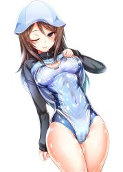 Rule 34 | 10s, 1girl, ;d, arm at side, blue hair, blue hat, blue jacket, blush, breasts, brown hair, cleavage, clothes lift, competition swimsuit, covered erect nipples, covered navel, cowboy shot, girls und panzer, gradient hair, hat, highres, jacket, jacket lift, lifted by self, long hair, long sleeves, looking at viewer, medium breasts, mika (girls und panzer), multicolored hair, one-piece swimsuit, one eye closed, open mouth, red eyes, shiny clothes, shiny skin, silly (marinkomoe), simple background, skin tight, smile, solo, standing, swimsuit, swimsuit under clothes, tongue, tongue out, track jacket, water, water drop, wet, wet hair, white background, zipper