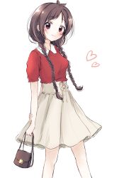 Rule 34 | 1girl, alternate hairstyle, antenna hair, arm behind back, bag, baran. (ba ra ran), bare legs, blush, braid, breasts, brown hair, collared shirt, commentary, feet out of frame, heart, high-waist skirt, highres, holding, holding bag, idolmaster, idolmaster cinderella girls, long braid, long hair, looking at viewer, low twintails, medium breasts, red eyes, red shirt, shirt, shirt tucked in, short sleeves, skirt, smile, solo, symbol-only commentary, tsujino akari, twin braids, twintails, white skirt
