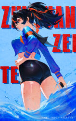 Rule 34 | 1girl, adapted costume, ass, black hair, black shorts, blue jacket, character name, closed mouth, cropped jacket, dean lzq, from behind, from below, gun, hand on own hip, highres, holding, holding gun, holding weapon, jacket, median furrow, multicolored hair, nape, ponytail, red eyes, shorts, solo, streaked hair, wading, water, weapon, zenless zone zero, zhu yuan