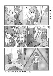 Rule 34 | !, 3girls, broom, closed eyes, comic, dated, dustpan, eighth note, false smile, greyscale, holding, holding dustpan, houshou (kancolle), kantai collection, kumano (kancolle), ma rukan, monochrome, multiple girls, musical note, neck ribbon, necktie, open mouth, pleated skirt, ponytail, ribbon, school uniform, silent comic, skirt, smile, sweat, tenryuu (kancolle), thighhighs, translation request, zettai ryouiki