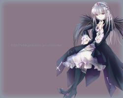 Rule 34 | 00s, 1girl, aisha callaaisha, black footwear, boots, brown background, cape, cross-laced clothes, dress, frills, full body, hairband, knee boots, lolita hairband, long sleeves, looking at viewer, pink eyes, rozen maiden, silver hair, simple background, solo, standing, suigintou, wallpaper, white dress