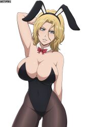 Rule 34 | 1girl, absurdres, animal ears, arm behind head, armpits, black leotard, black pantyhose, bleach, blonde hair, blue eyes, blush, bow, bowtie, breasts, cleavage, collarbone, fake animal ears, highres, large breasts, leotard, looking at viewer, matsumoto rangiku, mistowing, pantyhose, playboy bunny, rabbit ears, red bow, red bowtie, simple background, smile, solo, white background