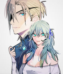 Rule 34 | 1boy, 1girl, aqua eyes, bad id, bad twitter id, bare shoulders, blonde hair, blue eyes, breasts, byleth (female) (fire emblem), byleth (fire emblem), cleavage, commentary request, dimitri alexandre blaiddyd, dress, eyepatch, fire emblem, fire emblem: three houses, green hair, grey background, grey dress, hair between eyes, hand up, long hair, long sleeves, looking at viewer, nintendo, off-shoulder dress, off shoulder, short hair, simple background, tsukimura noe, upper body