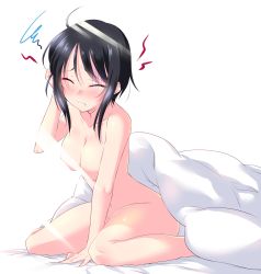 Rule 34 | 1girl, black hair, blush, breasts, chouno ami, closed eyes, commentary, fume, girls und panzer, gloom (expression), grimace, hand on own head, highres, kuzuryuu kennosuke, leaning forward, legs, light censor, medium breasts, navel, nude, on bed, one-hour drawing challenge, sitting, solo, squiggle, sweatdrop, swept bangs, under covers, wariza