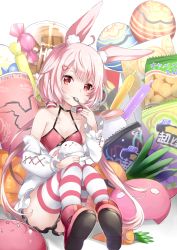 Rule 34 | 1girl, animal ear fluff, animal ears, bag of chips, boots, camisole, candy, candy wrapper, closed mouth, commentary request, fang, fang out, food, hair ornament, heart, heart hair ornament, highres, holding, holding spoon, jacket, lollipop, long hair, long sleeves, looking at viewer, low twintails, mashiro aa, off shoulder, open clothes, open jacket, pink footwear, pink hair, puffy long sleeves, puffy sleeves, rabbit ears, red camisole, red eyes, shoe soles, short eyebrows, sitting, smile, solo, spoon, striped clothes, striped thighhighs, thick eyebrows, thighhighs, thighhighs under boots, tomari mari, tomari mari channel, tupet, twintails, very long hair, virtual youtuber, white background, white jacket