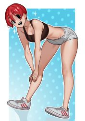 Rule 34 | 1girl, absurdres, bad id, bad twitter id, bare legs, black eyes, breasts, cleavage, commission, full body, highres, leaning forward, midriff, nia (nia4294), open mouth, original, outline, red hair, shoes, short hair, short shorts, shorts, smile, sneakers, solo, standing, white footwear, white outline, white shorts