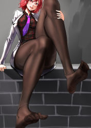 Rule 34 | 1girl, ayakumo, bad anatomy, bad proportions, black pantyhose, convenient leg, feet, horikawa raiko, jacket, leg lift, legs, long sleeves, looking at viewer, miniskirt, necktie, no shoes, open clothes, open jacket, open mouth, pantyhose, poorly drawn, red eyes, red hair, shirt, sitting, skirt, smile, soles, solo, thighband pantyhose, toes, touhou