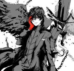 Rule 34 | 1boy, amamiya ren, arsene (persona 5), bad drawr id, bad id, black coat, black wings, chain, closed mouth, coat, gloves, greyscale, hand on own cheek, hand on own face, hand up, hat, light smile, long sleeves, looking at viewer, male focus, monochrome, monster, oekaki, one eye covered, persona, persona 5, red gloves, short hair, single glove, single wing, solo, spot color, standing, top hat, upper body, white background, wings, yuu (drawr)