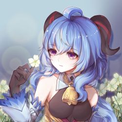 Rule 34 | 1girl, ahoge, bare shoulders, bell, black gloves, blue hair, breasts, detached sleeves, flower, ganyu (genshin impact), genshin impact, gloves, highres, holding, holding flower, horns, light smile, long hair, looking at another, looking to the side, medium breasts, neck bell, parted lips, purple eyes, qingxin flower, shuiyinzijun, sidelocks, solo, upper body, white flower, white sleeves