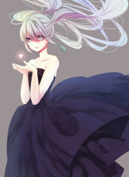 Rule 34 | 1girl, bad id, bad pixiv id, bare shoulders, collarbone, dress, floating hair, hatsune miku, heart, highres, long hair, nonoharak, grey eyes, silver hair, solo, strapless, strapless dress, twintails, vocaloid
