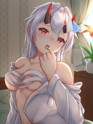 Rule 34 | 1girl, :o, bad id, bad pixiv id, blush, breasts, budget sarashi, collarbone, fate/grand order, fate (series), horns, inora, long hair, looking at viewer, medium breasts, off shoulder, open clothes, open shirt, red eyes, sarashi, silver hair, solo, tomoe gozen (fate)