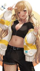 Rule 34 | 1girl, absurdres, blonde hair, breasts, cleavage, collar, dark-skinned female, dark skin, fang, fishnets, hair ornament, hair ribbon, highres, jacket, kaminari qpi, kaminari qpi (2nd costume), large breasts, long hair, low twintails, midriff, navel, off shoulder, open clothes, open jacket, open mouth, pacifier, pants, partially unzipped, ribbon, short sleeves, skin fang, solo, spiked collar, spikes, swept bangs, toratora (nanahaba), twintails, v, very long hair, virtual youtuber, vspo!, x hair ornament