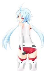 Rule 34 | 10s, 1girl, adjusting clothes, ahoge, ass, blanc (neptunia), blue hair, blush, bodysuit, female focus, from behind, gloves, identifier, long hair, looking back, neptune (series), red eyes, solo, symbol-shaped pupils, white heart (neptune)
