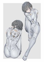 Rule 34 | 1girl, ass, bodysuit, border, commentary request, fangxiang cuoluan, from behind, full body, grey background, grey eyes, grey hair, hair between eyes, looking at viewer, multiple views, original, outside border, short hair, simple background, sitting, skin tight, white bodysuit, white border