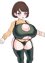 Rule 34 | 1girl, absurdres, blush, breasts, brown hair, bursting breasts, cleavage, female focus, garter straps, highres, huge breasts, looking at viewer, mimiru6969, open mouth, oppai loli, original, outstretched arms, pale skin, purple eyes, short hair, skindentation, solo, standing, thick thighs, thighs, underboob, white background