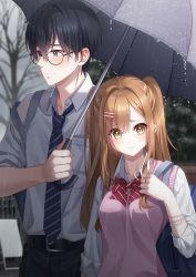 Rule 34 | 1boy, 1girl, bag, black hair, bow, bowtie, bracelet, brown hair, glasses, hair ornament, hairclip, highres, holding, holding umbrella, jewelry, long hair, looking at viewer, looking to the side, necktie, original, pink vest, rain, school bag, school uniform, shirt, two side up, umbrella, unjem, vest, white shirt, yellow eyes
