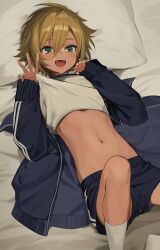 1boy absurdres blonde_hair fuubuu green_eyes gym_uniform hair_between_eyes head_on_pillow highres indoors lifting_own_clothes looking_down lying male_focus navel nijisanji no_shoes on_back on_bed open_mouth pillow shirt short_hair short_shorts shorts sleeves_past_wrists smile socks solo stomach tan teeth tongue upper_teeth_only uzuki_kou virtual_youtuber white_shirt white_socks