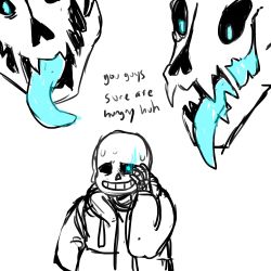 Rule 34 | 1boy, aqua theme, blue theme, coat, commentary, english text, gasterblaster, glowing, glowing eye, grin, hand in pocket, highres, male focus, monochrome, oxi (oxidization), sans (undertale), simple background, skeleton, sketch, smile, spot color, tongue, tongue out, undertale, white background