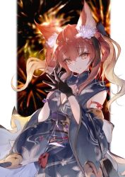 Rule 34 | 1girl, animal ears, anthuria, anthuria (yukata), bag, black gloves, black kimono, blurry, blurry background, breasts, cleavage, cleavage cutout, closed mouth, clothing cutout, detached sleeves, fireworks, fish, floral print, flower, gloves, goldfish, granblue fantasy, hair flower, hair ornament, highres, holding, holding bag, japanese clothes, kanaria (fuusenkazura), kimono, long hair, looking at viewer, medium breasts, orange eyes, own hands together, raised eyebrows, red hair, single glove, sleeveless, sleeveless kimono, smile, solo, steepled fingers, twintails, upper body