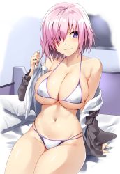 Rule 34 | 1girl, absurdres, alternate costume, bare shoulders, bed, bed sheet, bikini, blush, breasts, cleavage, closed mouth, clothes down, collarbone, commentary request, covered erect nipples, fate/grand order, fate (series), grey jacket, groin, hair over one eye, halterneck, hand up, highres, indoors, jacket, large breasts, legs together, looking at viewer, mash kyrielight, navel, off shoulder, on bed, open mouth, pillow, pink hair, purple eyes, purple hair, short hair, shunichi, sitting, skindentation, smile, solo, stomach, swimsuit, television, thighs, white bikini, white jacket