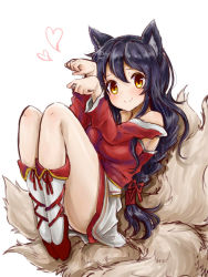 Rule 34 | 1girl, ahri (league of legends), animal ears, bare shoulders, detached sleeves, facial mark, fox ears, fox tail, furan (marina6123), hair between eyes, highres, knees up, korean clothes, league of legends, long hair, looking at viewer, miniskirt, multiple tails, paw pose, sitting, skirt, slit pupils, smile, solo, tail, thighs, whisker markings, yellow eyes