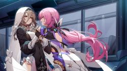 Rule 34 | 2girls, :d, :o, absurdres, aponia (honkai impact), back, black dress, black gloves, blue eyes, brown hair, dress, elf, elysia (honkai impact), elysia (miss pink elf) (honkai impact), gloves, hair ornament, highres, holding hands, honkai (series), honkai impact 3rd, indoors, long hair, long sleeves, multiple girls, nun, official art, open mouth, pointy ears, ponytail, single glove, smile, third-party source, veil, very long hair, window