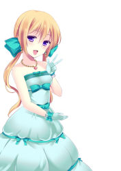 Rule 34 | 1girl, agekichi (heart shape), bad id, bad pixiv id, bare shoulders, blonde hair, blush, dress, earrings, female focus, gloves, hair ribbon, heart, jewelry, kuu (agekichi), long hair, looking at viewer, necklace, open mouth, original, purple eyes, ribbon, simple background, smile, solo, strapless, strapless dress, twintails, v, white background