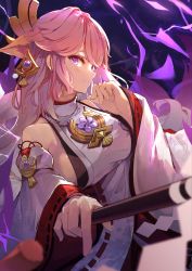 Rule 34 | 1girl, aiming, aiming at viewer, animal ears, blurry, breasts, collarbone, commentary request, depth of field, detached sleeves, earrings, extra ears, fox ears, genshin impact, gohei, hair between eyes, hair ornament, head tilt, highres, holding, holding weapon, japanese clothes, jewelry, koomoi, lightning, long hair, long sleeves, looking at viewer, nontraditional miko, pink hair, purple eyes, ribbon-trimmed sleeves, ribbon trim, sideboob, sidelocks, smile, solo, vision (genshin impact), weapon, wide sleeves, yae miko