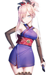 Rule 34 | 1girl, asymmetrical hair, bare shoulders, black thighhighs, blue eyes, breasts, closed mouth, cowboy shot, detached sleeves, eyes visible through hair, fate/grand order, fate (series), frills, hair ornament, hair over one eye, hand on own hip, holding, holding sword, holding weapon, japanese clothes, kimono, leaning to the side, long hair, long sleeves, looking at viewer, medium breasts, miyamoto musashi (fate), miyamoto musashi (first ascension) (fate), ponytail, purple kimono, reverse grip, roang, sash, sideboob, silver hair, sleeveless, sleeveless kimono, smile, solo, standing, sword, thigh gap, thighhighs, unsheathed, weapon, zettai ryouiki