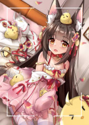 Rule 34 | 1girl, absurdres, animal, animal ear fluff, animal ears, animal on head, azur lane, bird, black hair, brown eyes, camisole, chick, commentary request, dress, dutch angle, fox ears, fox mask, highres, long hair, long sleeves, manjuu (azur lane), mask, unworn mask, nagato-chan, nagato (azur lane), nagato (guardian fox&#039;s vacation) (azur lane), off shoulder, official alternate costume, on head, pink dress, puffy long sleeves, puffy sleeves, revision, seiza, sitting, sleeves past wrists, solo, thighhighs, very long hair, viewfinder, white thighhighs, yellow camisole