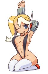 Rule 34 | 1girl, arm behind head, arms up, bikini, black bikini, blonde hair, blue eyes, breasts, bright pupils, call e, covered erect nipples, full body, jadf, joints, large breasts, long hair, looking at viewer, microphone, mighty no. 9, multicolored hair, one eye closed, open mouth, robot joints, seiza, side ponytail, simple background, sitting, slingshot swimsuit, solo, swimsuit, thighhighs, two-tone hair, white background, white hair, white thighhighs
