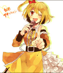 Rule 34 | 1girl, bad id, bad pixiv id, blonde hair, bow, hair bow, kagerou project, kisaragi attention (vocaloid), kisaragi momo, looking at viewer, microphone, music, one eye closed, open mouth, pointing, pointing at viewer, red eyes, short hair, side ponytail, singing, solo, vocaloid, wink, xxxxxymdy