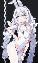 Rule 34 | + +, 1girl, :&lt;, absurdres, animal ear fluff, animal ears, azur lane, black background, blue eyes, braid, breasts, closed mouth, collarbone, commentary request, covered navel, fake animal ears, hair between eyes, hair ribbon, hairband, hand on own hip, highres, le malin (azur lane), le malin (listless lapin) (azur lane), leotard, long hair, low twintails, official alternate costume, pantyhose, rabbit ears, ribbon, shibainu, sidelocks, silver hair, small breasts, solo, twin braids, twintails, very long hair, white hairband, white leotard, white pantyhose, white ribbon, wrist cuffs