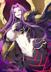 Rule 34 | 1girl, breasts, bustier, claws, cleavage, fangs, fate/grand order, fate (series), female focus, forehead, gorgon (fate), hair intakes, highres, large breasts, long hair, looking at viewer, matching hair/eyes, medusa (fate), medusa (rider) (fate), monster girl, navel, open mouth, pale skin, parted bangs, purple eyes, purple hair, puuzaki puuna, rider, scales, slit pupils, smile, snake tail, solo, tail, twitter username, underboob, very long hair, watermark, wings