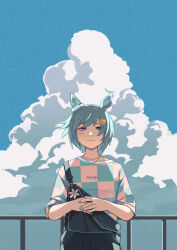Rule 34 | 1girl, absurdres, animal ears, blue eyes, blue hair, blush, closed mouth, cloud, day, fuyukayui, hair ornament, hairclip, half-closed eyes, highres, horse ears, jewelry, long sleeves, looking at viewer, necklace, outdoors, overalls, own hands together, ring, seiun sky (umamusume), shirt, short hair, smile, solo, umamusume, upper body