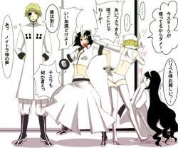 Rule 34 | 00s, 1boy, 3girls, angry, arrancar, artist request, ass, black hair, bleach, blonde hair, blush, boots, clenched hand, clenched hands, crop top, cyan sung-sun, emilou apacci, eyepatch, gloves, horns, lilynette gingerbuck, long hair, lowres, midriff, multiple girls, open mouth, short hair, skirt, tesra lindocruz, thighhighs, translated, very long hair, white thighhighs