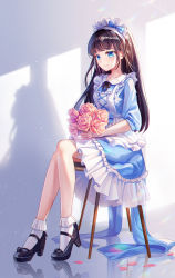Rule 34 | 1girl, absurdres, ankle socks, apron, black hair, black socks, blue bow, blue eyes, blunt bangs, bobby socks, bow, chair, commentary request, crossed legs, dress, flower, frill trim, frills, high heels, highres, lalazyt, light smile, long hair, maid, maid apron, maid headdress, mary janes, md5 mismatch, original, petals, pink flower, reflective floor, resolution mismatch, revision, ribbon, shoes, sidelocks, sitting, socks, source larger, sunlight, tail, tail ornament, tail ribbon, white apron, white socks