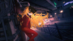 Rule 34 | 1girl, absurdres, animal hat, atomicxx, blue eyes, bodysuit, car, commentary request, eyepatch, hair between eyes, hat, highres, industrial pipe, long hair, looking at viewer, motor vehicle, neon genesis evangelion, open mouth, orange hair, photo background, pilot suit, plugsuit, red bodysuit, road, solo, souryuu asuka langley, standing, two side up