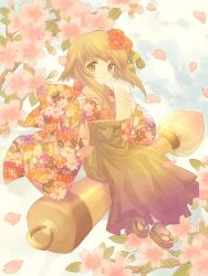 Rule 34 | 1girl, brown eyes, brown hair, calligraphy brush, camellia, cherry blossoms, floral print, flower, giant brush, japanese clothes, kimono, paintbrush, solo, traditional clothes, yukise miyu
