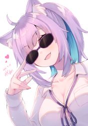 Rule 34 | 1girl, :d, adjusting eyewear, ahoge, animal ear fluff, animal ears, blue hair, blush, breasts, cat ears, cat girl, cleavage, collarbone, collared shirt, colored inner hair, commentary request, dated, dutch angle, fang, hand up, highres, hikawa shou, hololive, large breasts, long hair, long sleeves, looking at viewer, multicolored hair, nekomata okayu, nekomata okayu (oversized shirt), official alternate costume, open mouth, purple hair, purple ribbon, ribbon, shirt, signature, simple background, smile, solo, sunglasses, virtual youtuber, white background, white shirt