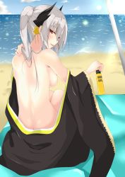 Rule 34 | 1girl, akatsuki (kongo-love-2400), beach, beach towel, blush, breasts, day, fate/grand order, fate (series), horns, kiyohime (fate), kiyohime (fate/grand order), kiyohime (swimsuit lancer) (fate), kiyohime (swimsuit lancer) (third ascension) (fate), large breasts, long hair, looking at viewer, looking back, lotion bottle, nude, ocean, red eyes, silver hair, sitting, solo, towel