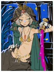 Rule 34 | 1girl, black pants, bra, bracelet, breasts, chalice, cup, denonbu, green eyes, grey hair, haijima ginka, hand up, highres, holding, holding cup, jewelry, looking to the side, moosu, navel, necklace, official alternate costume, open mouth, pants, short hair, sitting, skinny, small breasts, solo, spilling, underwear, veil, yellow bra