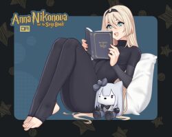 Rule 34 | 1girl, ak-12 (girls&#039; frontline), an-94 (girls&#039; frontline), black bodysuit, black hairband, blonde hair, blue eyes, bodysuit, book, breasts, character doll, commentary, english commentary, english text, feet, full body, girls&#039; frontline, hair between eyes, hairband, holding, holding book, j adsen, knees up, long hair, medium breasts, meme, open mouth, paid reward available, pillow, reading, russian commentary, seggs (meme), sitting, smile, solo, stirrup legwear, stuffed toy, toeless legwear, toenails, toes, translation request, very long hair