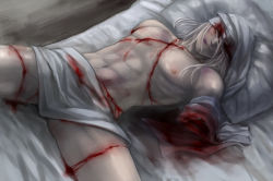 Rule 34 | 1boy, amputee, bad id, bad pixiv id, bandages, blood, bruise, double amputee, guro, injury, long hair, male focus, metal gear (series), metal gear rising: revengeance, monsoon (metal gear rising), no mask, personification, scar, silver hair, solo