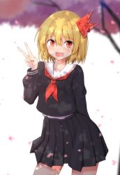 1girl :d black_shirt black_skirt blonde_hair blush bow cherry_blossoms collarbone commentary_request cowboy_shot fang hair_between_eyes hair_bow hair_intakes highres long_sleeves medium_hair neckerchief open_mouth pleated_skirt puffy_sleeves red_bow red_eyes red_neckerchief ribbon rumia sailor_collar school_uniform serafuku shirt skin_fang skirt smile solo teoi_(good_chaos) touhou v white_sailor_collar