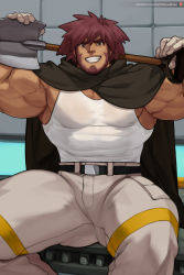 Rule 34 | 1boy, alternate pectoral size, belt, belt buckle, biceps, black belt, brown cloak, brown hair, buckle, byron (pokemon), clenched teeth, cloak, commentary, creatures (company), english commentary, facial hair, game freak, gloves, grin, gym leader, holding, holding shovel, jimsdaydreams, looking at viewer, male focus, muscular, muscular male, nintendo, paid reward available, pants, pectorals, pokemon, pokemon dppt, shirt, shovel, sitting, smile, solo, spread legs, teeth, thighs, watermark, web address, white shirt
