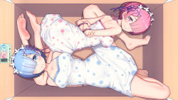 Rule 34 | 2girls, absurdres, alternate costume, arms behind back, bare legs, bare shoulders, barefoot, blue eyes, blue hair, blue nails, blush, bound, bound arms, box, breasts, cardboard box, chinese commentary, collarbone, commentary request, dress, feet, from above, full body, hair ornament, hair over one eye, hair ribbon, hairband, hairclip, highres, in box, in container, lolita hairband, looking at viewer, lying, medium breasts, multiple girls, nail polish, on back, pink eyes, pink hair, pink ribbon, purple ribbon, ram (re:zero), re:zero kara hajimeru isekai seikatsu, rem (re:zero), ribbon, short hair, siblings, sisters, sleeveless, sleeveless dress, soles, spread legs, sundress, toenail polish, toenails, toes, twins, weibo watermark, white dress, x hair ornament, xiaoxi0619
